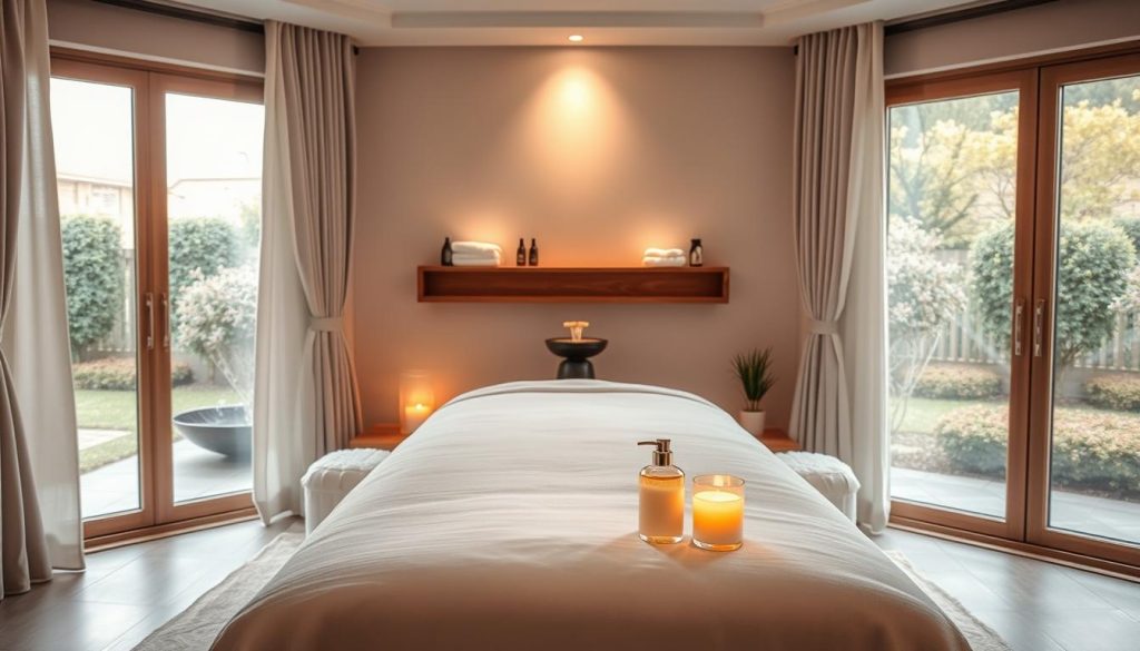A serene spa room designed for an upscale massage experience in Istanbul. The foreground features a beautifully arranged massage table draped in crisp white linens, adorned with delicate candles and aromatic oils. Soft, ambient lighting casts a warm glow, enhancing the tranquil atmosphere. In the middle ground, a wooden shelf displays neatly organized essential oils and plush towels, while a soothing water fountain adds a gentle sound element. The background includes large windows framed with soft curtains, revealing a peaceful garden view, promoting relaxation. The overall mood is calm and inviting, embodying the essence of a revitalizing and restorative massage session. A serene spa room designed for an upscale massage experience in Istanbul. The foreground features a beautifully arranged massage table draped in crisp white linens, adorned with delicate candles and aromatic oils. Soft, ambient lighting casts a warm glow, enhancing the tranquil atmosphere. In the middle ground, a wooden shelf displays neatly organized essential oils and plush towels, while a soothing water fountain adds a gentle sound element. The background includes large windows framed with soft curtains, revealing a peaceful garden view, promoting relaxation. The overall mood is calm and inviting, embodying the essence of a revitalizing and restorative massage session.