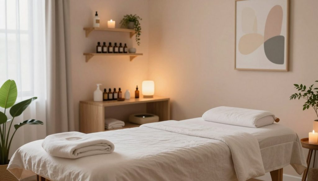 A serene, tranquil therapy room designed for "recovery-focused massage" therapy. In the foreground, a massage table is covered with soft, neutral-colored linens, surrounded by calming plants. In the middle ground, shelves hold essential oils and lotions, while a gentle light source casts a warm glow. The background features soothing pastel-colored walls adorned with abstract art, promoting relaxation. Soft natural light filters in through a window, enhancing the peaceful ambiance. Incorporate elements like a gently flowing water fountain and calming candles to evoke a sense of healing and tranquility. The atmosphere should feel inviting and peaceful, perfect for post-surgery recovery and support.