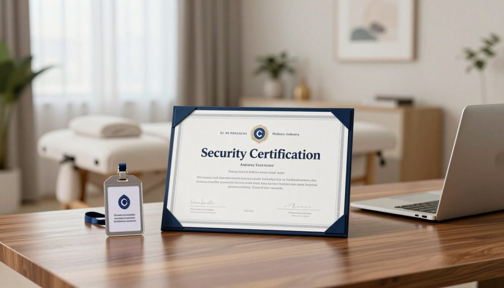 A sleek and modern certificate displaying the words "Security Certification" prominently, surrounded by a calming ambiance that conveys professionalism and trust. In the foreground, a polished wooden desk holds the certificate, flanked by a professional-looking badge and a closed laptop, symbolizing expertise in the wellness industry. In the middle ground, a soft-focus image of an elegant massage therapy room is visible, featuring clean lines, soothing tones, and subtle decorative elements like plants or artwork that evoke tranquility. The background fades into a soft-lit space with natural light filtering through sheer curtains, creating a serene and inviting atmosphere. The overall mood is one of confidence and professionalism, perfect for illustrating high standards in service quality.