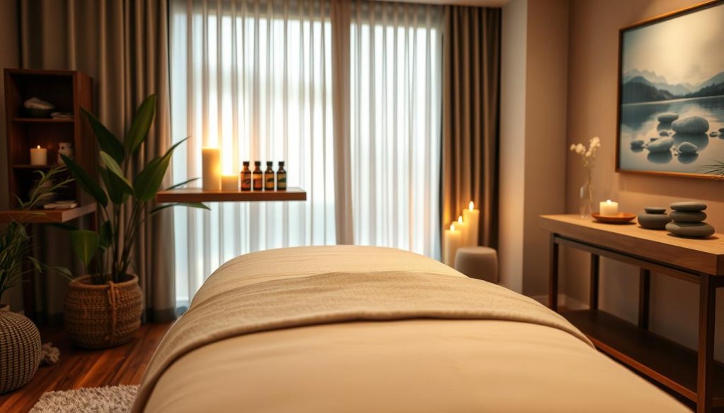 A tranquil massage therapy room designed for personalized treatments. The foreground features an elegant massage table draped in soft, neutral-toned linens, complemented by plush pillows. In the middle ground, there is a selection of essential oils beautifully arranged on a wooden shelf, along with soothing candles creating a warm glow. The background showcases soft, ambient lighting filtering through sheer curtains, illuminating serene artwork depicting nature. The overall atmosphere conveys calmness and relaxation, inviting clients to experience tailored therapy sessions. The scene is styled with natural elements like greenery and stones, enhancing the sense of rejuvenation and wellness, captured from an inviting angle that conveys depth and serenity.