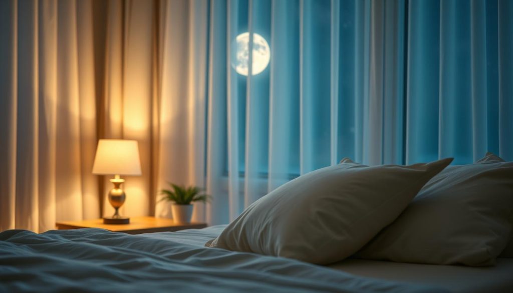 A tranquil nighttime scene focusing on a serene bedroom designed to promote high-quality sleep. In the foreground, a comfortable bed with plush pillows and soft, inviting blankets is neatly arranged. The middle ground features a gently glowing bedside lamp casting warm light, with a small potted plant nearby adding a touch of nature. In the background, soft curtains flutter slightly, allowing a glimpse of a moonlit window with stars twinkling outside. The overall atmosphere is calm and cozy, evoking feelings of peace and relaxation. The color palette includes soothing blues and soft whites, enhancing the idea of a restful space. The lighting is soft and diffused, creating an intimate and serene mood, perfect for illustrating the importance of adapting massage sessions to align with the body's circadian rhythm.