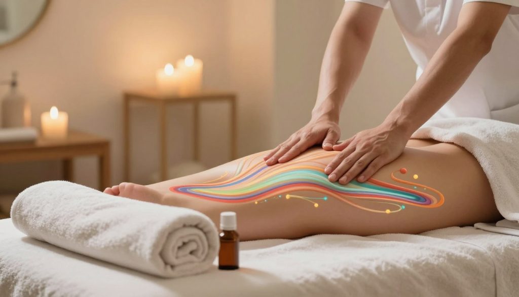 A serene and calming wellness scene focusing on the benefits of massage for circulation. In the foreground, a plush massage table with neatly arranged towels and essential oils, exuding a sense of relaxation. In the middle, an abstract representation of blood flow, depicted through vibrant fluid lines and soft colors, symbolizing enhanced circulation and vitality. The background features softly glowing ambient lights, creating a tranquil atmosphere with gentle shadows. Use soft, natural lighting to evoke warmth and comfort, capturing the essence of a luxurious spa environment. The overall mood should be peaceful and rejuvenating, inviting viewers to experience the soothing effects of massage therapy. A serene and calming wellness scene focusing on the benefits of massage for circulation. In the foreground, a plush massage table with neatly arranged towels and essential oils, exuding a sense of relaxation. In the middle, an abstract representation of blood flow, depicted through vibrant fluid lines and soft colors, symbolizing enhanced circulation and vitality. The background features softly glowing ambient lights, creating a tranquil atmosphere with gentle shadows. Use soft, natural lighting to evoke warmth and comfort, capturing the essence of a luxurious spa environment. The overall mood should be peaceful and rejuvenating, inviting viewers to experience the soothing effects of massage therapy.