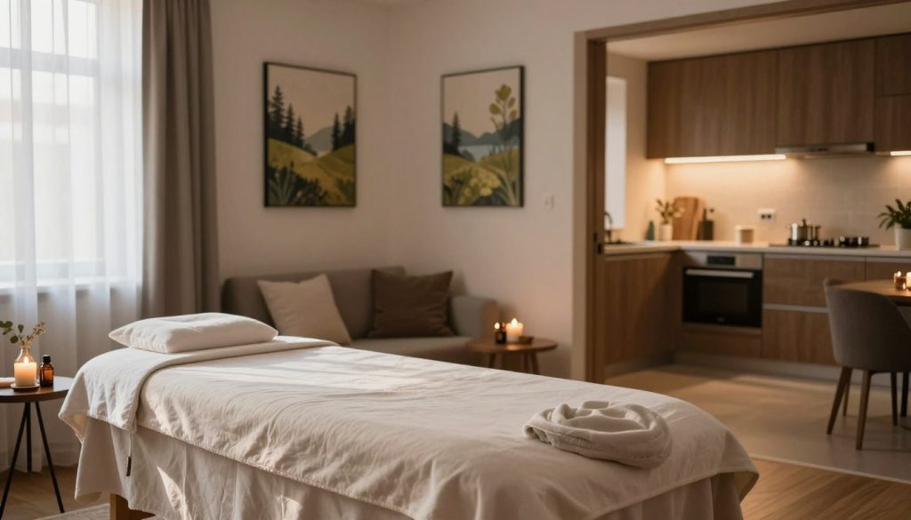 A serene and inviting home massage scene in a stylish Istanbul apartment. In the foreground, a neatly arranged massage table draped in soft, plush linens, with essential oils and aromatic candles on a nearby side table. In the middle, a comfortable seating area with plush cushions and a calming atmosphere created by natural light filtering through sheer curtains. The walls adorned with peaceful artwork reflecting nature themes. In the background, a softly lit, modern kitchen space is visible through an open doorway, enhancing the warm ambiance. The overall mood is tranquil and soothing, conveying a sense of relaxation and well-being, perfect for a home massage experience.