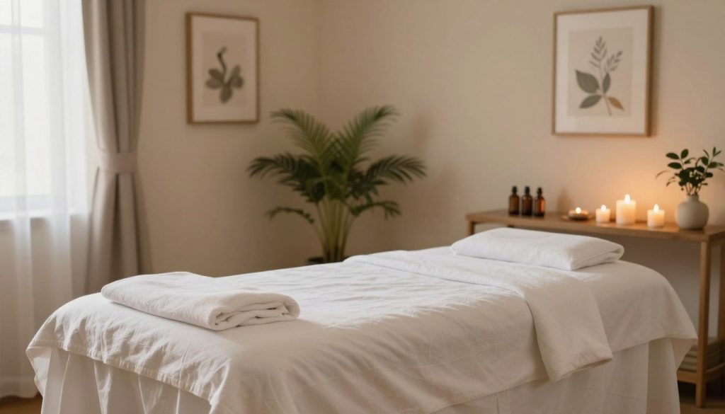 A serene and inviting home massage setup, depicting a cozy, softly lit room with warm beige walls and serene decor. In the foreground, a neatly arranged massage table draped in soft, white linens, adorned with soothing candles and essential oil bottles. The middle ground showcases a tranquil atmosphere with potted plants and calming artwork on the walls, evoking relaxation. The background features a window with sheer curtains, allowing gentle natural light to filter in, enhancing the peaceful vibe. The overall mood is one of comfort and tranquility, ideal for a personalized at-home massage experience. No humans are present in the scene, ensuring a focus on the soothing environment.
