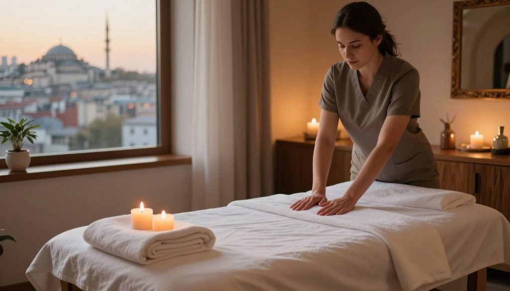 A serene and inviting image representing the quality and safety of massage services in Istanbul. In the foreground, a beautifully arranged massage table with plush white linens and aromatic candles, exuding a sense of tranquility. The middle-ground features a softly lit, elegant room with warm wooden accents and soothing colors, designed for relaxation. The background showcases a view of Istanbul’s skyline through a large window, hinting at the vibrant city outside, bathed in golden hour light. The atmosphere is calm and reassuring, perfect for illustrating a discussion on service quality and trust. The composition should emphasize a harmonious balance, with soft shadows and gentle lighting creating an inviting and professional ambiance.