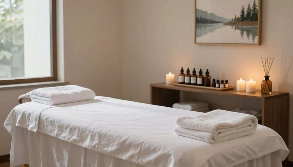 A serene and inviting massage room designed with a focus on hygiene and care. In the foreground, a neatly made massage table draped with clean, white linens, accompanied by plush, folded towels. The middle ground features an organized shelf displaying essential oils, candles, and aromatherapy diffusers that emit a gentle, calming glow. The walls are adorned with soft, neutral colors and framed art depicting tranquil nature scenes. In the background, a large window allows natural light to filter in, creating a warm atmosphere. Soft shadows play across the room, suggesting a peaceful ambiance ideal for a rejuvenating experience. The overall mood is tranquil, emphasizing cleanliness and comfort in a professional setting.