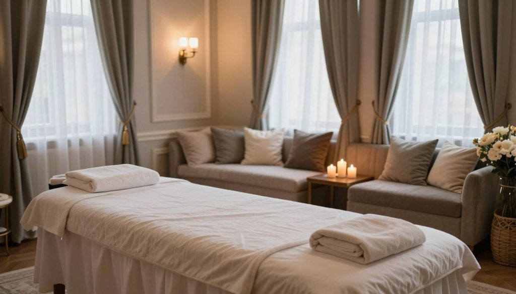 A serene and inviting massage salon located in the European side of Istanbul, featuring elegant interior design elements. The foreground showcases a massage table adorned with soft, luxurious linens, surrounded by soothing candles and fresh flowers. In the middle, a beautifully arranged seating area with plush cushions and a calming color palette, inviting relaxation. The background reveals large windows draped with sheer curtains, allowing natural light to filter softly into the space. The atmosphere conveys tranquility and stress relief, enhanced by gentle atmospheric lighting that highlights the salon's cozy features. The overall mood is peaceful and restorative, perfect for a boutique massage experience.