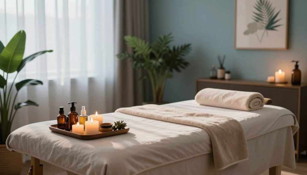 A serene and inviting massage therapy room, showcasing an elegant massage table adorned with plush towels and soft lighting. In the foreground, a beautifully arranged display of massage oils and aromatic candles enhances the tranquil atmosphere. The middle ground features lush green plants and tasteful décor that create a calming ambiance. Soft, diffused sunlight filters in through sheer curtains, casting gentle shadows and highlighting the serene color palette of soft blues and earthy tones. The background includes a beautifully designed wall with soothing artwork that evokes relaxation, contributing to an overall feeling of peace and comfort. The scene is designed to illustrate the essence of a professional boutique massage experience, inviting viewers to unwind and indulge in self-care. A serene and inviting massage therapy room, showcasing an elegant massage table adorned with plush towels and soft lighting. In the foreground, a beautifully arranged display of massage oils and aromatic candles enhances the tranquil atmosphere. The middle ground features lush green plants and tasteful décor that create a calming ambiance. Soft, diffused sunlight filters in through sheer curtains, casting gentle shadows and highlighting the serene color palette of soft blues and earthy tones. The background includes a beautifully designed wall with soothing artwork that evokes relaxation, contributing to an overall feeling of peace and comfort. The scene is designed to illustrate the essence of a professional boutique massage experience, inviting viewers to unwind and indulge in self-care.