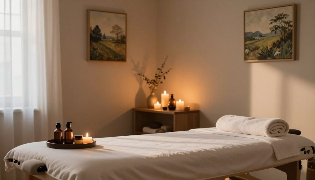 A serene and inviting massage therapy room with soft, warm lighting to create a relaxing atmosphere. The foreground features an elegantly arranged massage table, surrounded by soothing aromatherapy oils and neatly folded towels, exuding a sense of calm. In the middle, a beautifully decorated shelf displays herbal remedies and candles that emanate a gentle glow, enhancing the peaceful environment. The background showcases soft, neutral-colored walls adorned with framed nature paintings, promoting tranquility. A window allows natural light to filter in, casting delicate shadows across the space. The overall mood is tranquil and inviting, emphasizing comfort and professionalism, perfect for an article about personalized massage services in Istanbul.