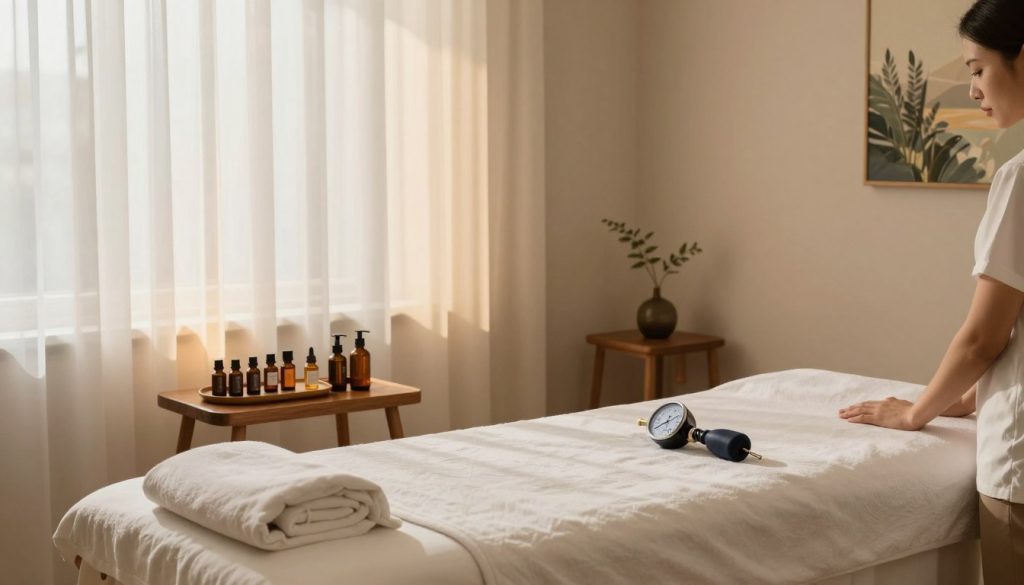A serene and inviting scene showcasing a massage therapy room designed for personalized treatment planning. In the foreground, a massage table is neatly arranged with soft, clean linens and aromatherapy oils displayed tastefully on a small wooden table nearby. The middle layer features a soothing ambient light filtering through sheer curtains, casting gentle shadows that enhance the tranquil atmosphere. Essential oils and pressure gauge tools are elegantly placed around the room, symbolizing precise adjustments in duration, pressure, and focus. In the background, calming artwork depicting nature adds to the peaceful environment. The overall mood is one of relaxation and professionalism, emphasizing a tailored wellness experience. The image is well-lit to create a calming ambiance, using soft lighting to highlight the elegance of the space. A serene and inviting scene showcasing a massage therapy room designed for personalized treatment planning. In the foreground, a massage table is neatly arranged with soft, clean linens and aromatherapy oils displayed tastefully on a small wooden table nearby. The middle layer features a soothing ambient light filtering through sheer curtains, casting gentle shadows that enhance the tranquil atmosphere. Essential oils and pressure gauge tools are elegantly placed around the room, symbolizing precise adjustments in duration, pressure, and focus. In the background, calming artwork depicting nature adds to the peaceful environment. The overall mood is one of relaxation and professionalism, emphasizing a tailored wellness experience. The image is well-lit to create a calming ambiance, using soft lighting to highlight the elegance of the space.
