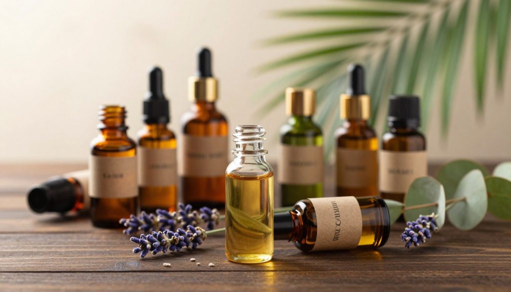 A serene and inviting setting for massage oils and skincare, featuring an elegant arrangement of various massage oil bottles in rich colors like amber and olive green. The foreground focuses on a dark wooden table adorned with beautifully labeled bottles, some open allowing the golden oil to glisten under soft, warm lighting. In the middle ground, hints of natural elements such as fresh lavender and eucalyptus leaves complement the scene, creating an organic feel. The background subtly includes blurred tropical plants, enhancing a calming atmosphere. Aim for a soft focus with a gentle bokeh effect to highlight the oils, capturing a tranquil essence ideal for a soothing massage experience.