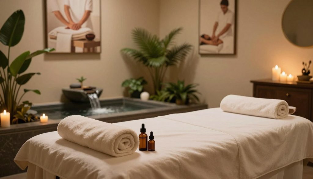 A serene and inviting spa environment featuring a massage table neatly arranged with soft, fluffy towels and aromatic oils placed nearby. The foreground showcases delicate candles lit softly, casting a warm glow. In the middle, a tranquil indoor water feature gently flows, surrounded by lush green plants that create a peaceful atmosphere. The background reveals elegantly designed walls adorned with calming artwork depicting various massage techniques. The lighting is soft and warm, suggesting a relaxing ambiance, accentuated by the warm tones of the decor. The overall mood is peaceful and rejuvenating, encapsulating the essence of a premium massage experience. No humans or text are present in the image.