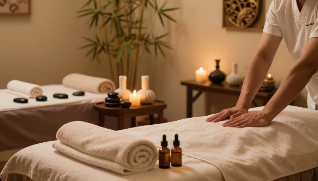 A serene and inviting spa environment showcasing a variety of massage techniques. In the foreground, display a beautifully arranged massage table adorned with plush towels and aromatic oils, emphasizing tranquility. The middle ground features a selection of items symbolizing different massage styles, such as smooth stones, textured balls, and candles, artistically arranged. In the background, softly blurred bamboo plants and elegant wall decor create a calming ambiance. The lighting is warm and soft, casting a gentle glow throughout the space, enhancing the feeling of relaxation. The perspective is slightly angled to capture the entire scene, inviting the viewer into the peaceful world of holistic healing and self-care, embodying an atmosphere of calm and wellness.