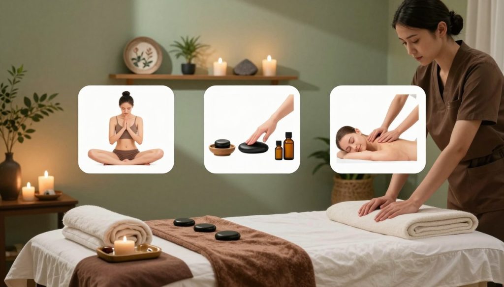 A serene and inviting wellness spa setting featuring various popular massage techniques. In the foreground, showcase a beautifully arranged massage table with luxurious linens and aromatic oils. The middle area includes visual representations of different massage methods, such as Swedish, deep tissue, and hot stone, illustrated with elegant tools and essential oils. In the background, soft ambient lighting creates a calm atmosphere, with gentle shadows cast by delicately designed decor elements like candles, plants, and artful stone accents. A serene color palette of greens, browns, and soft whites enhances the tranquil mood, making it a welcoming and peaceful environment, ideal for relaxation. The scene should evoke a sense of calm and professionalism, perfect for an informative article.