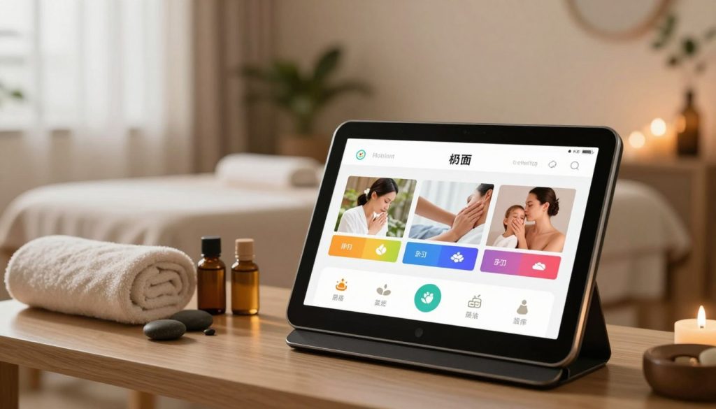 A serene and modern massage therapy platform interface displayed on a sleek digital device, set against a calming spa backdrop. The foreground features the device with a vibrant screen showing various filter options for selecting massage services, distinctly labeled with icons and colors representing relaxation and wellness. In the middle layer, elements like soft towels, essential oils, and pebbles create a soothing atmosphere. The background features a softly lit room with warm colors, plants, and a massage table, enhancing the tranquil feel. The lighting is soft and diffused, simulating natural light filtering through sheer curtains, inviting a sense of peace and professionalism. The mood is calm and inviting, promoting relaxation and self-care. A serene and modern massage therapy platform interface displayed on a sleek digital device, set against a calming spa backdrop. The foreground features the device with a vibrant screen showing various filter options for selecting massage services, distinctly labeled with icons and colors representing relaxation and wellness. In the middle layer, elements like soft towels, essential oils, and pebbles create a soothing atmosphere. The background features a softly lit room with warm colors, plants, and a massage table, enhancing the tranquil feel. The lighting is soft and diffused, simulating natural light filtering through sheer curtains, inviting a sense of peace and professionalism. The mood is calm and inviting, promoting relaxation and self-care.