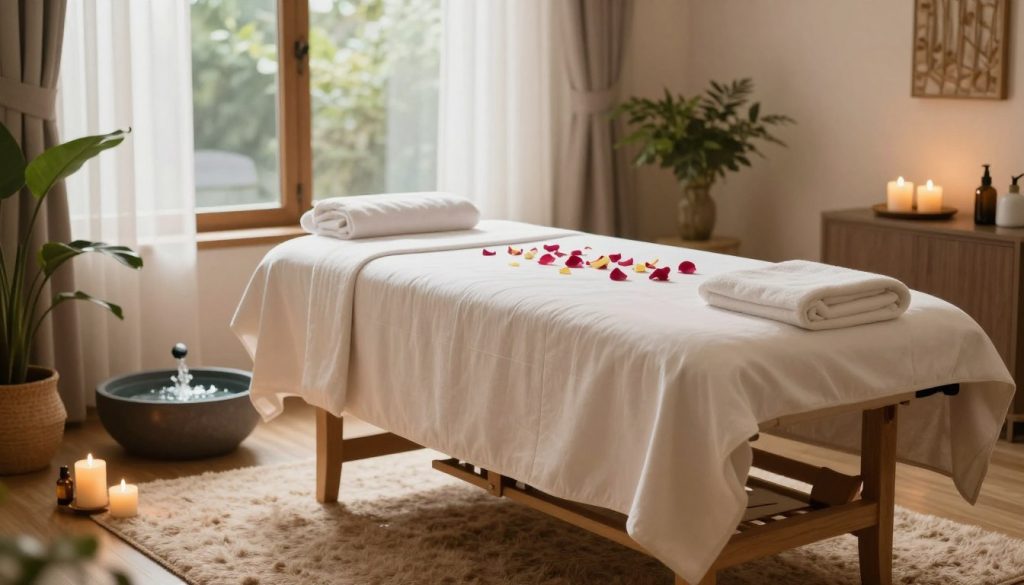 A serene and tranquil massage setting, showcasing a beautifully arranged massage table with soft, clean linens in a warm, inviting room. The foreground features aromatic candles, essential oil bottles, and a plush rug, creating a cozy atmosphere. In the middle, a stylish massage table is adorned with fresh flower petals and a calming water feature softly bubbling nearby. The background reveals large windows with natural light streaming in, framed by sheer curtains that allow a gentle breeze to flow through. The overall mood is one of relaxation and peace, ideal for rejuvenation and self-care. The colors are soft and warm, with touches of greenery from potted plants, enhancing the sense of tranquility. A serene and tranquil massage setting, showcasing a beautifully arranged massage table with soft, clean linens in a warm, inviting room. The foreground features aromatic candles, essential oil bottles, and a plush rug, creating a cozy atmosphere. In the middle, a stylish massage table is adorned with fresh flower petals and a calming water feature softly bubbling nearby. The background reveals large windows with natural light streaming in, framed by sheer curtains that allow a gentle breeze to flow through. The overall mood is one of relaxation and peace, ideal for rejuvenation and self-care. The colors are soft and warm, with touches of greenery from potted plants, enhancing the sense of tranquility.