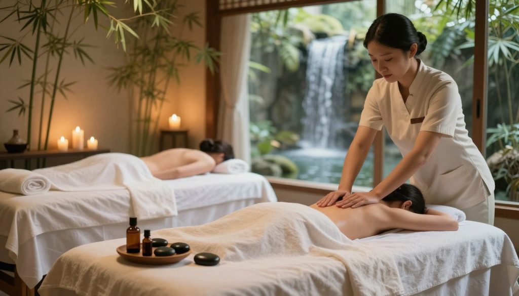 A serene and tranquil massage therapy setting, showcasing various massage techniques. In the foreground, display an elegant massage table draped in soft linens, alongside essential oils and smooth stones arranged aesthetically. The middle ground features a calm, inviting space with bamboo plants and gentle candles softly illuminating the area, creating a peaceful ambiance. In the background, a soothing waterfall mural adds depth and serenity. The lighting is warm and inviting, simulating natural daylight filtering through large windows. The overall mood is relaxing and rejuvenating, emphasizing the importance of selecting the right massage therapy for individual needs. The composition speaks to a professional massage environment, encouraging wellness and tranquility.