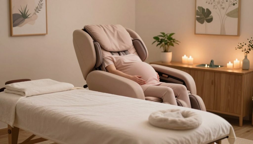 A serene and tranquil prenatal massage scene set in a softly lit, calming spa environment. In the foreground, a massage table draped with clean, soft linens, surrounded by gentle, diffused lighting. Aromatherapy candles flicker softly, casting warm glows across polished wooden surfaces. The middle of the image features a plush massage chair with a supportive cushion, designed specifically for expectant mothers. In the background, relaxing elements such as potted plants, soothing artwork depicting nature, and subtle water features create a peaceful atmosphere. A sense of calm prevails, evoking the therapeutic benefits of prenatal massage for the body and mind, emphasizing relaxation and well-being within the context of pregnancy. The color palette is soft and warm with pastel hues, enhancing the harmonious vibe.