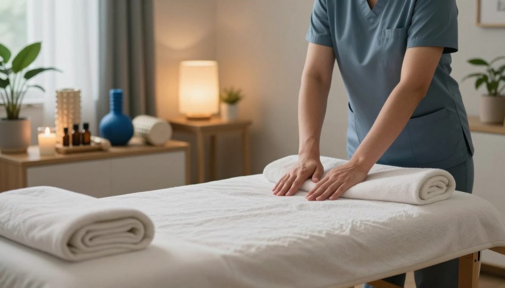 A serene home environment showcasing essential massage techniques. In the foreground, a neatly arranged massage table with soft linens and essential oils is visible, suggesting a comfortable atmosphere. In the middle ground, a well-organized space features various tools such as massage balls, foam rollers, and towels. The background includes calming elements like indoor plants, warm lighting from lamps, and a peaceful color palette of soft blues and greens. The scene is lit with soft, diffused lighting to create a relaxing ambiance. The overall mood conveys tranquility and professionalism, making it perfect for illustrating home massage techniques without any human subjects or text.