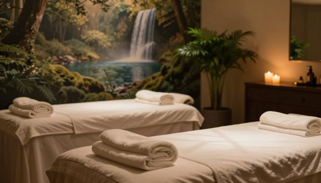 A serene hotel spa environment showcasing a cozy massage room. In the foreground, display soft, plush massage tables topped with clean, folded towels and aromatic oil bottles. In the middle ground, a soothing ambiance is highlighted with dimmed lighting, glowing candles, and gentle green indoor plants to enhance relaxation. The background features a calming mural depicting tranquil nature scenes, such as a gentle waterfall or peaceful forest, creating an inviting atmosphere. The overall mood should evoke peace and comfort, with warm, soft lighting casting gentle shadows throughout the space. The scene must embody a sense of luxury and tranquility, ideal for a pampering spa experience.