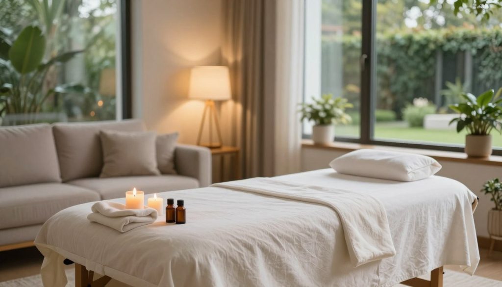 A serene living room setting, beautifully arranged for in-home massage services in Istanbul. The foreground features an elegant massage table draped with soft, clean linens, with calming essential oils and a few candles lit beside it. The middle ground showcases tasteful decorations, including potted plants and ambient lighting from a modern lamp casting a warm glow. In the background, large windows reveal a view of a peaceful garden outside, allowing natural light to brighten the room. The overall atmosphere is tranquil and inviting, evoking a sense of relaxation and comfort. The scene should convey professionalism and luxury, emphasizing the soothing environment of home massage services without any presence of people or text.