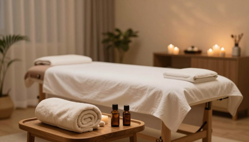 A serene massage preparation scene, featuring an elegant massage room. In the foreground, a soft, folded towel and essential oils are neatly arranged on a wooden side table, exuding a sense of relaxation. In the middle ground, a plush massage table draped with a clean, white sheet sits centered in the room, surrounded by calming decorations like candles and potted plants. The background showcases soothing wall colors, with soft lighting that creates a warm, inviting ambiance. Subtle shadows play across the space, enhancing the peaceful atmosphere. The overall mood is tranquil and inviting, designed to convey a sense of comfort and safety for clients preparing for a massage.