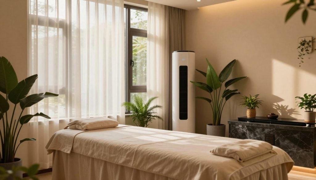 A serene massage room designed with optimal air quality in mind. Foreground features an elegantly arranged massage table, covered in soft, natural fabric, surrounded by lush potted plants that enhance air purity. In the middle, large open windows allow soft sunlight to filter through sheer curtains, casting gentle shadows. A high-quality air purifier sits discreetly in the corner, emphasizing the importance of clean air. The background reveals calming wall colors and a tranquil water feature adding to the peaceful atmosphere. The room is softly illuminated by warm, diffused lighting, creating a relaxing ambiance that encourages wellness and tranquility. The overall mood is soothing and inviting, reflecting the essence of a health-focused massage environment.