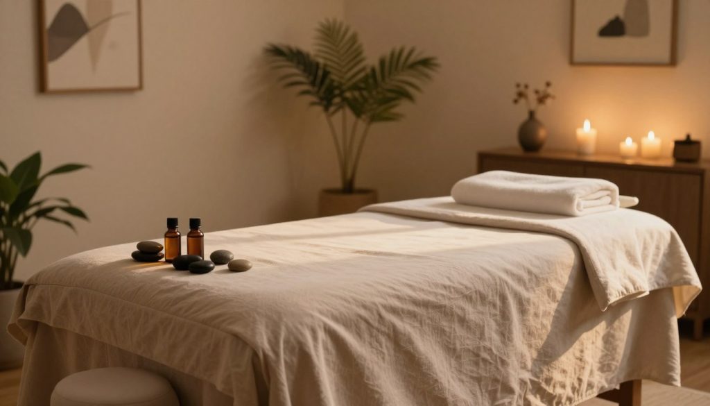 A serene massage room featuring a well-appointed massage table at the center, draped in soft, neutral-toned linens. The foreground highlights the smooth surface of the table, with a few essential oils and a set of calming stones placed nearby. In the middle ground, a warm, soft lighting ambiance creates a tranquil atmosphere, complemented by gentle shadows. The background showcases calming decor elements such as potted plants, a soothing water feature, and light-colored walls adorned with tasteful artwork that resonates with relaxation. The scene evokes a peaceful, therapeutic environment, ideal for rejuvenation and wellness, with no human presence. The lighting should suggest late afternoon, with golden hour hues casting a warm glow across the space, enhancing the inviting mood.