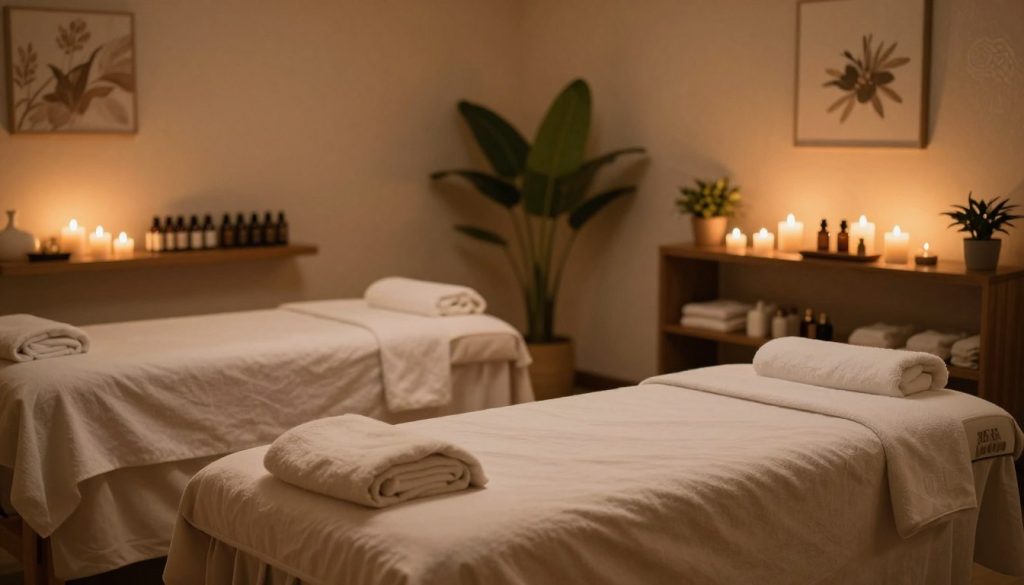 A serene massage salon with tranquil decor, featuring soft, ambient lighting that casts a warm glow throughout the room. In the foreground, plush massage tables draped in soothing, neutral-toned fabrics create a welcoming atmosphere. A variety of aromatic candles flicker gently, enhancing the calming environment. The middle ground showcases shelves lined with essential oils and spa products, alongside potted plants adding a touch of greenery. The background reveals softly patterned walls and softly illuminated artwork that evokes relaxation. The overall mood is peaceful and inviting, ideal for a rejuvenating experience. The camera angle is slightly elevated, capturing the harmonious arrangement of the space without any human figures. The scene is composed in a soft-focus to accentuate the spa-like ambiance. A serene massage salon with tranquil decor, featuring soft, ambient lighting that casts a warm glow throughout the room. In the foreground, plush massage tables draped in soothing, neutral-toned fabrics create a welcoming atmosphere. A variety of aromatic candles flicker gently, enhancing the calming environment. The middle ground showcases shelves lined with essential oils and spa products, alongside potted plants adding a touch of greenery. The background reveals softly patterned walls and softly illuminated artwork that evokes relaxation. The overall mood is peaceful and inviting, ideal for a rejuvenating experience. The camera angle is slightly elevated, capturing the harmonious arrangement of the space without any human figures. The scene is composed in a soft-focus to accentuate the spa-like ambiance.