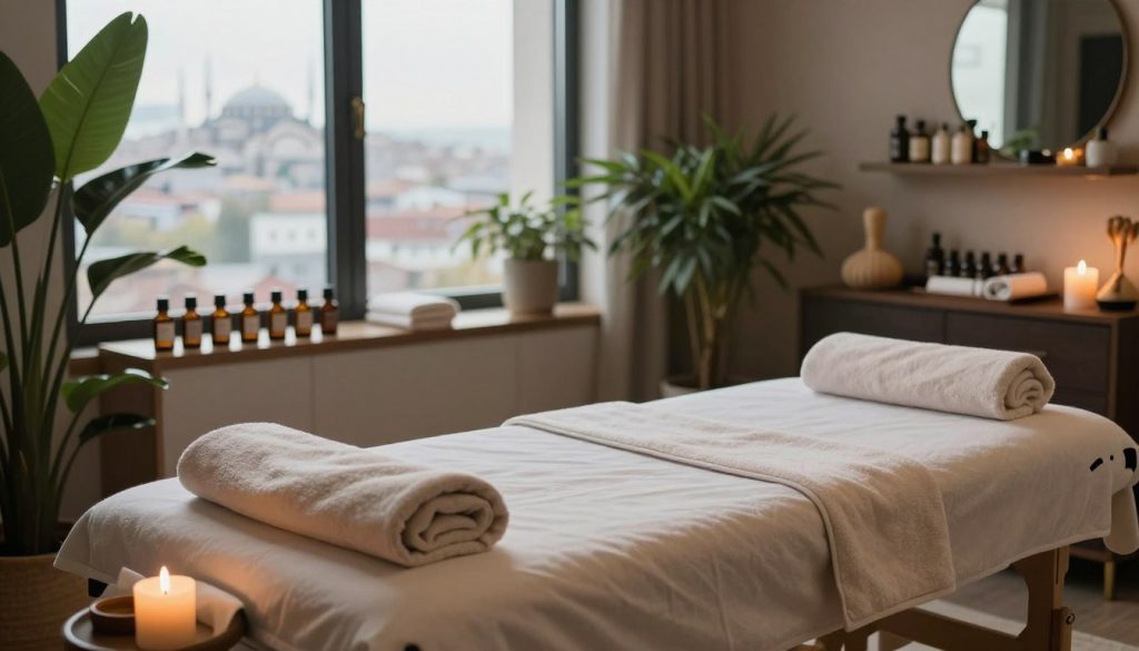 A serene massage therapy room in Istanbul, featuring an elegantly arranged massage table with soft towels laid out meticulously. In the foreground, a soothing candle flickers, casting warm light that creates a calming atmosphere. The middle ground displays shelves filled with essential oils and massage tools, reflecting a professional setup. In the background, large windows allow natural light to filter in, showcasing a glimpse of Istanbul’s skyline, framed by lush indoor plants. The color palette is composed of soft earth tones and hints of soothing greens, evoking a sense of tranquility. The entire scene embodies relaxation and professionalism, inviting one to experience the therapeutic benefits of massage.