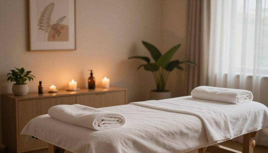 A serene massage therapy room with soft, ambient lighting that creates a calming atmosphere. In the foreground, a neatly arranged massage table draped with a plush white towel, surrounded by soothing essential oils and candles. In the middle, there are tranquil decorations like potted plants and gentle artwork on the walls, providing a peaceful backdrop. The background features warm, diffused light filtering through sheer curtains, casting soft shadows that enhance the serene mood. The overall feel is inviting and relaxing, ideal for first-time massage goers seeking comfort and tranquility in their experience. No humans are present in the image, emphasizing the soothing environment instead.