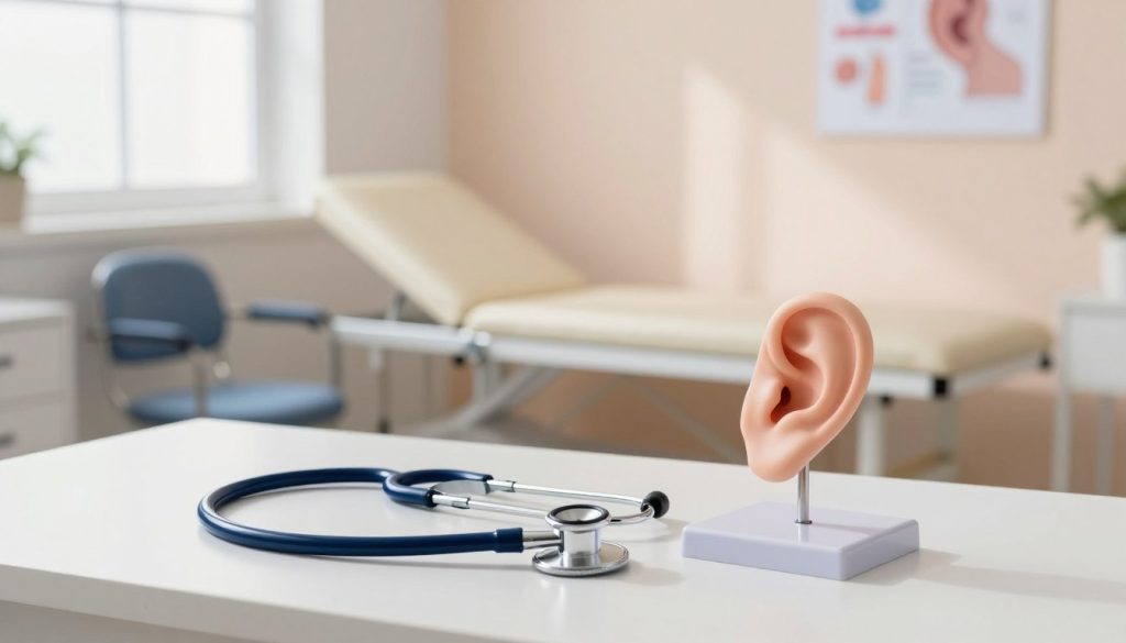 A serene medical consultation room focusing on ear pain symptoms. In the foreground, a stethoscope rests on a white desk beside an anatomical model of the human ear, emphasizing the importance of medical evaluation for ear pain. The middle ground showcases a bright and clean examination area with a doctor's chair and an inviting examination table, equipped with soft cushions. Sunlight streams through a window, casting gentle shadows, creating a calm and professional atmosphere. The background features soothing pastel-colored walls adorned with medical charts about ear health, reinforcing the contrast between self-care and professional help. The overall mood conveys a sense of reassurance and informs viewers when to seek medical assistance for ear pain issues. A serene medical consultation room focusing on ear pain symptoms. In the foreground, a stethoscope rests on a white desk beside an anatomical model of the human ear, emphasizing the importance of medical evaluation for ear pain. The middle ground showcases a bright and clean examination area with a doctor's chair and an inviting examination table, equipped with soft cushions. Sunlight streams through a window, casting gentle shadows, creating a calm and professional atmosphere. The background features soothing pastel-colored walls adorned with medical charts about ear health, reinforcing the contrast between self-care and professional help. The overall mood conveys a sense of reassurance and informs viewers when to seek medical assistance for ear pain issues.