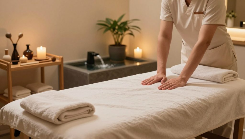 A serene spa environment featuring a massage therapy room designed for deep tissue massage. In the foreground, a massage table is neatly made with a soft, neutral-colored sheet. Various professional massage tools are arranged neatly on a wooden shelf beside the table. The middle ground showcases soothing elements such as a small indoor water fountain and potted plants, evoking a sense of calm and relaxation. The background includes soft, ambient lighting with warm tones, enhancing the tranquil atmosphere. The overall mood is peaceful and inviting, perfect for promoting health and well-being through daily massage therapy. The image should convey a sense of professionalism and care, ideal for an informative article about massage techniques. A serene spa environment featuring a massage therapy room designed for deep tissue massage. In the foreground, a massage table is neatly made with a soft, neutral-colored sheet. Various professional massage tools are arranged neatly on a wooden shelf beside the table. The middle ground showcases soothing elements such as a small indoor water fountain and potted plants, evoking a sense of calm and relaxation. The background includes soft, ambient lighting with warm tones, enhancing the tranquil atmosphere. The overall mood is peaceful and inviting, perfect for promoting health and well-being through daily massage therapy. The image should convey a sense of professionalism and care, ideal for an informative article about massage techniques.