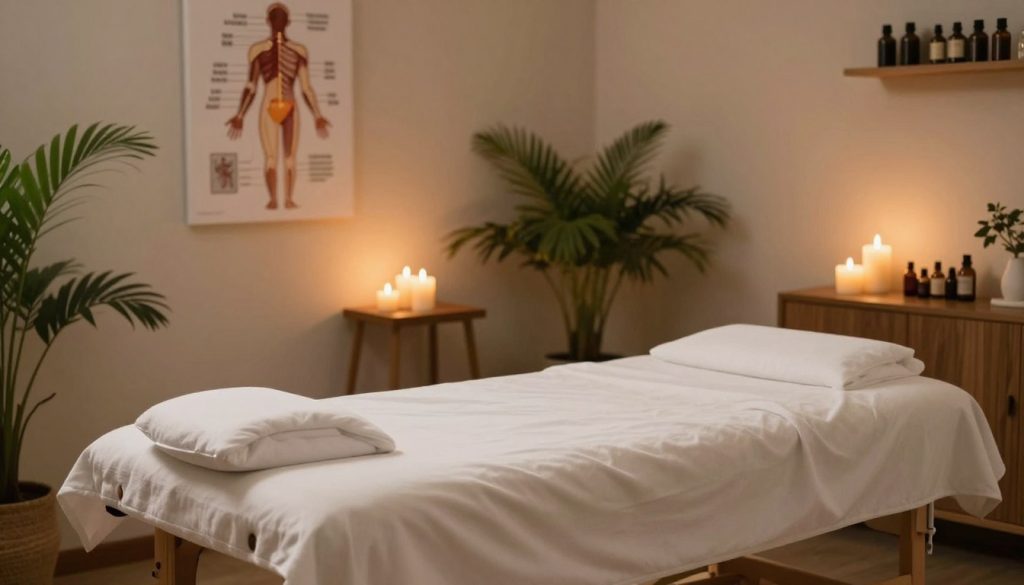 A serene spa environment featuring various body zones marked with soft, overlaying lights to indicate "risky areas" for massage. In the foreground, a comfortable massage table draped with a clean, white sheet sits invitingly. The middle ground shows anatomical diagrams on the walls highlighting areas where massage shouldn't be performed, like the neck and lower back. In the background, gentle candles flicker, casting a warm glow, while lush green plants bring a sense of tranquility. The lighting is soft and diffused, creating a calming atmosphere. As a final touch, a wooden shelf holds essential oils, enhancing the calming ambiance without distracting from the focal points. The scene is devoid of any human figures or text, maintaining a professional presentation.