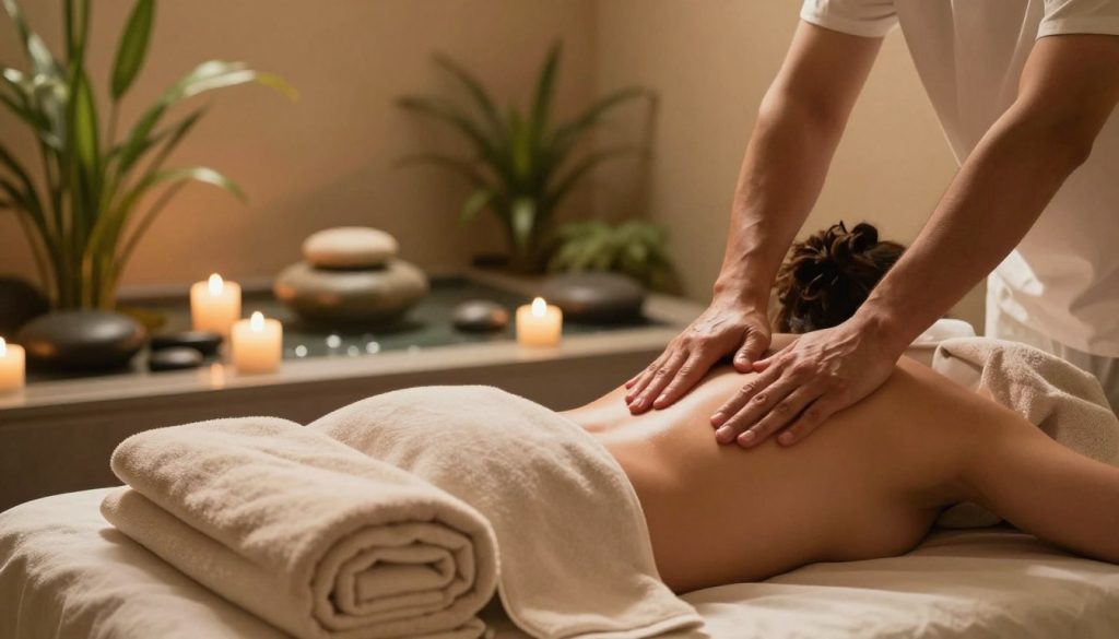 A serene spa environment focusing on the benefits of massage therapy. In the foreground, a peaceful treatment room featuring a massage table adorned with soft towels and aromatic candles, creating a relaxing atmosphere. The middle ground showcases a tranquil spa setting with smooth stones, plants, and gentle lighting that accentuates the calming mood. In the background, hints of soft water sounds are suggested through blurred imagery of a small, tranquil fountain. The lighting is warm and inviting, accentuated by soft shadows. Emphasize the calming elements such as greenery and natural textures, conveying a sense of relief from stress, decreased muscle tension, and improved circulation. The overall ambiance is designed to evoke relaxation and wellness without depicting any human figures or text elements.