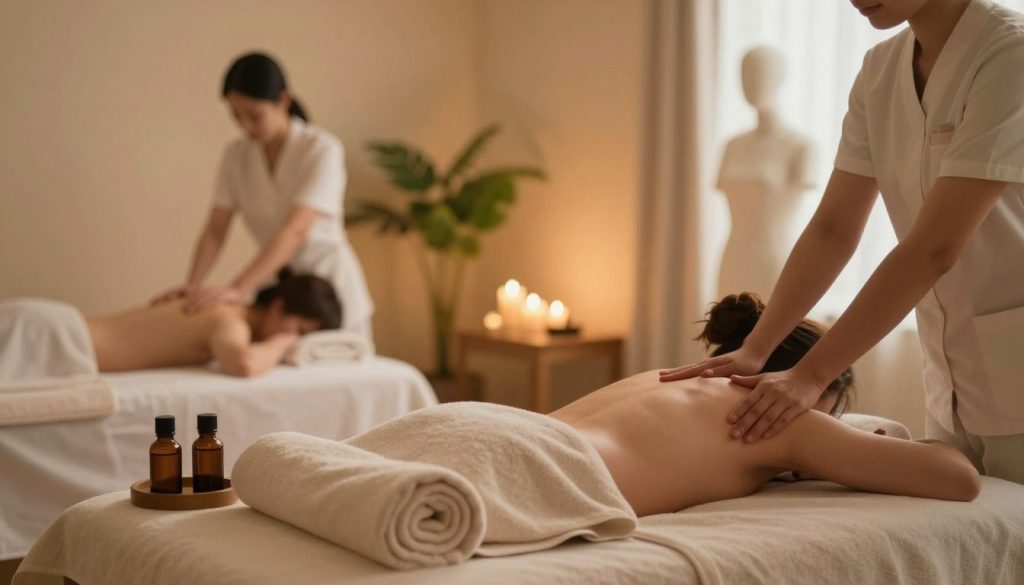 A serene spa environment showcasing the benefits of massage therapy. In the foreground, an inviting massage table adorned with soft towels and aromatic essential oils, suggesting relaxation and comfort. In the middle, a tranquil setting featuring soothing candles and gentle green plants, promoting a peaceful ambiance. The background reveals a soft-lit room with calming colors, evoking a sense of serenity. The overall lighting is warm and soft, creating a cozy atmosphere. An array of human silhouettes can be subtly included to illustrate various stress-relief techniques, ensuring they are depicted in modest, professional attire engaged in relaxing activities. The mood should be peaceful and rejuvenating, emphasizing health, stress relief, and pain management. A serene spa environment showcasing the benefits of massage therapy. In the foreground, an inviting massage table adorned with soft towels and aromatic essential oils, suggesting relaxation and comfort. In the middle, a tranquil setting featuring soothing candles and gentle green plants, promoting a peaceful ambiance. The background reveals a soft-lit room with calming colors, evoking a sense of serenity. The overall lighting is warm and soft, creating a cozy atmosphere. An array of human silhouettes can be subtly included to illustrate various stress-relief techniques, ensuring they are depicted in modest, professional attire engaged in relaxing activities. The mood should be peaceful and rejuvenating, emphasizing health, stress relief, and pain management.