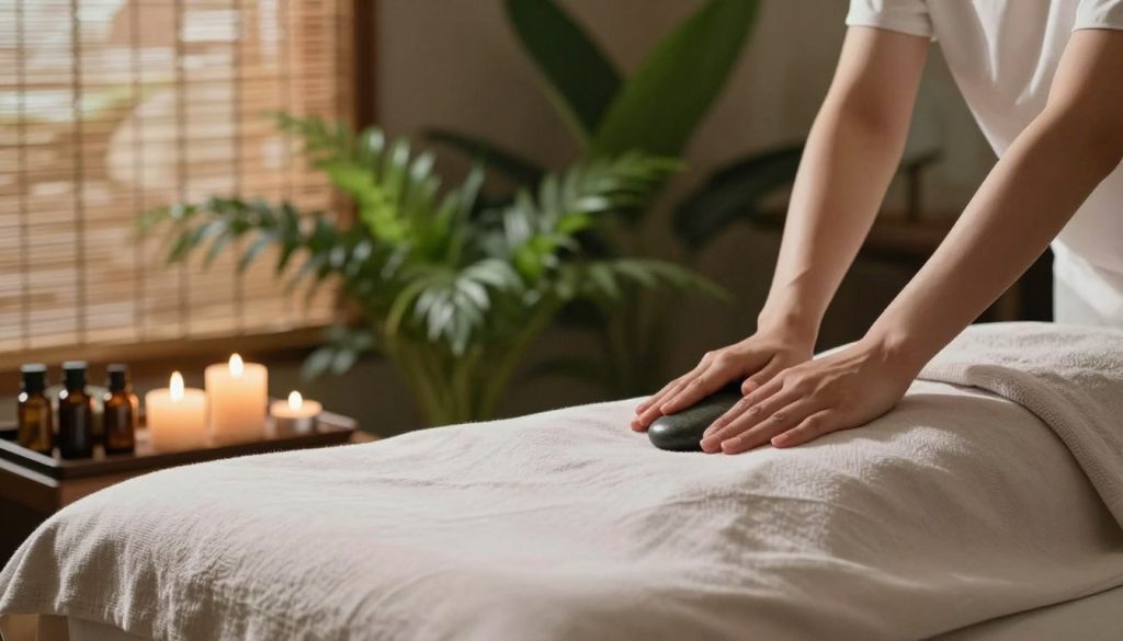 A serene spa environment showcasing the calming effects of daily massage therapy. In the foreground, a sleek massage table draped in soft, neutral-colored linens. Essential oils and aromatic candles are artfully arranged, emitting a gentle, soothing light. In the middle, a pair of hands softly massaging a calm, smooth stone, symbolizing relaxation and tension release. Behind, lush green plants create a tranquil atmosphere, blurring slightly to emphasize the focus on the massage elements. Soft, natural lighting filters in from a bamboo window screen, casting delicate shadows and enhancing the peaceful mood. The scene reflects well-being, tranquility, and the rejuvenating power of daily massage. A serene spa environment showcasing the calming effects of daily massage therapy. In the foreground, a sleek massage table draped in soft, neutral-colored linens. Essential oils and aromatic candles are artfully arranged, emitting a gentle, soothing light. In the middle, a pair of hands softly massaging a calm, smooth stone, symbolizing relaxation and tension release. Behind, lush green plants create a tranquil atmosphere, blurring slightly to emphasize the focus on the massage elements. Soft, natural lighting filters in from a bamboo window screen, casting delicate shadows and enhancing the peaceful mood. The scene reflects well-being, tranquility, and the rejuvenating power of daily massage.