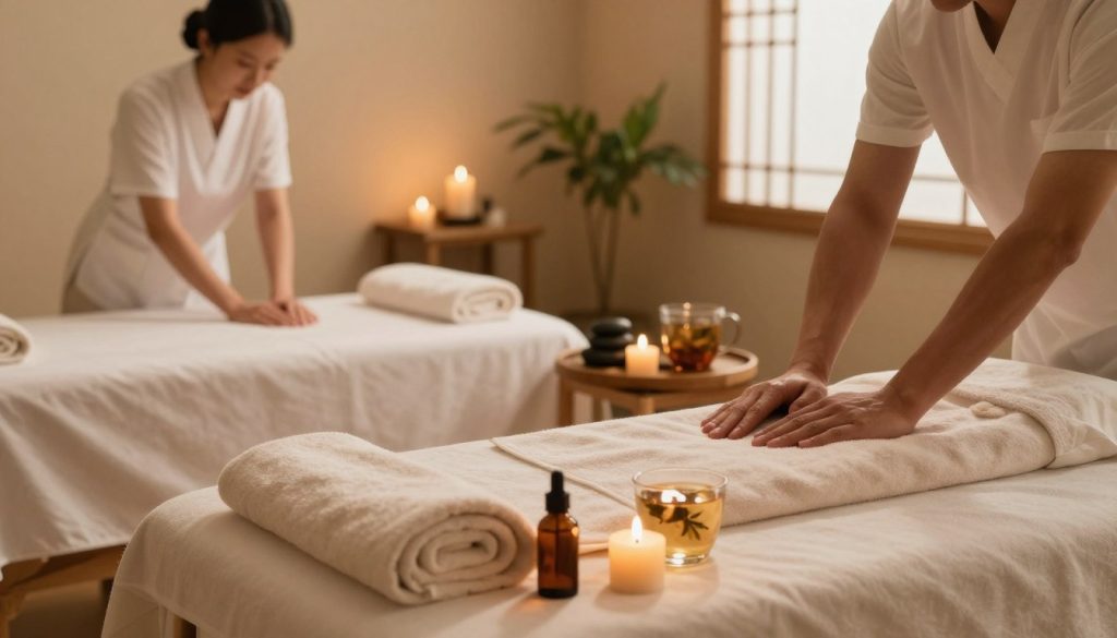 A serene spa environment showcasing various types of massage techniques. In the foreground, a peaceful massage table adorned with soft towels and essential oils emits a calming aura. The middle ground features an array of massage-related elements, such as smooth stones, aromatic candles, and gentle herbal teas, creating an inviting atmosphere. In the background, a softly lit room with natural wooden decor and potted plants enhances the tranquility. The soft lighting casts warm shadows, evoking relaxation. The scene should be captured with a wide-angle lens that emphasizes depth and creates a cozy, inviting space that transports viewers to the ultimate relaxation experience without any human presence.