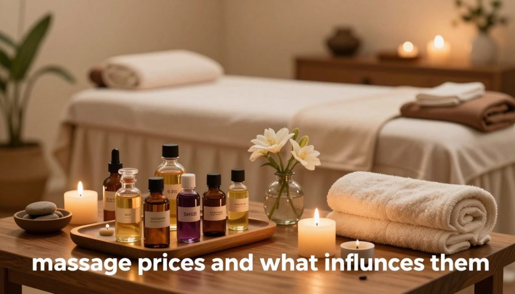 A serene spa setting featuring a beautifully arranged selection of massage oils, candles, and towels, artfully displayed on a wooden table. In the foreground, showcase a variety of labeled glass bottles with different oil colors, hinting at the diverse massage therapies available. In the middle ground, include an inviting massage bed adorned with soft, neutral linens, and a small flower vase to enhance the soothing ambiance. In the background, softly diffused warm lighting complements tranquil decor elements such as natural stones and potted plants. The overall atmosphere is calming and elegant, evoking a sense of relaxation and luxury, ideal for illustrating the theme of "massage prices and what influences them." A serene spa setting featuring a beautifully arranged selection of massage oils, candles, and towels, artfully displayed on a wooden table. In the foreground, showcase a variety of labeled glass bottles with different oil colors, hinting at the diverse massage therapies available. In the middle ground, include an inviting massage bed adorned with soft, neutral linens, and a small flower vase to enhance the soothing ambiance. In the background, softly diffused warm lighting complements tranquil decor elements such as natural stones and potted plants. The overall atmosphere is calming and elegant, evoking a sense of relaxation and luxury, ideal for illustrating the theme of "massage prices and what influences them."