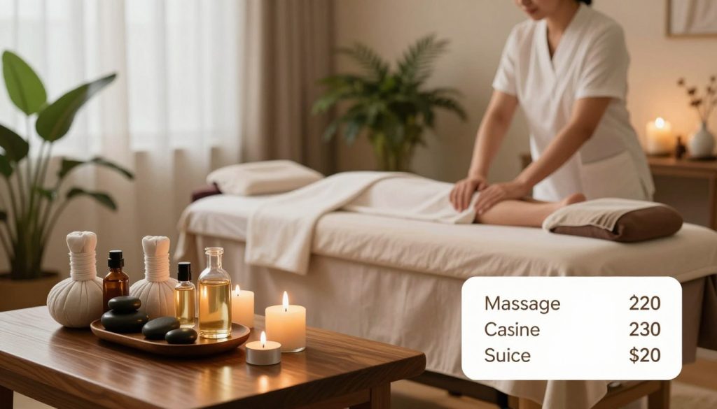 A serene spa setting showcasing a variety of professional massage treatments. In the foreground, an elegant display of massage oils, stones, and aromatic candles arranged on a polished wooden table. The middle ground features a comfortable massage bed with soft linens, surrounded by lush green plants, creating a tranquil atmosphere. In the background, a softly lit room with warm light filtering through sheer curtains, enhancing the soothing ambiance. The color palette should focus on soft earth tones, promoting relaxation. The image captures a sense of well-being and luxury associated with professional massage services, suitable for illustrating massage prices, duration, and appointment planning.
