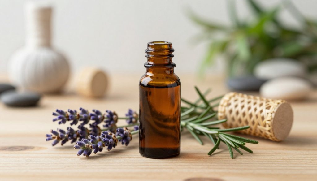 A serene still life composition featuring a bottle of ear massage oil, elegantly placed on a wooden table. The bottle is crafted from amber glass, reflecting soft, warm light that enhances the earthy tones of the oil inside. Surrounding the bottle are fresh lavender sprigs, rosemary, and a couple of rattan massage tools. The background is softly blurred, showcasing a tranquil spa-like environment with hints of green plants and smooth pebbles, contributing to a soothing atmosphere. The scene is illuminated by gentle, diffused natural light, creating a calm and inviting mood, perfect for aromatherapy. The focus is on the oil and its natural ingredients, evoking a sense of relaxation and wellness. A serene still life composition featuring a bottle of ear massage oil, elegantly placed on a wooden table. The bottle is crafted from amber glass, reflecting soft, warm light that enhances the earthy tones of the oil inside. Surrounding the bottle are fresh lavender sprigs, rosemary, and a couple of rattan massage tools. The background is softly blurred, showcasing a tranquil spa-like environment with hints of green plants and smooth pebbles, contributing to a soothing atmosphere. The scene is illuminated by gentle, diffused natural light, creating a calm and inviting mood, perfect for aromatherapy. The focus is on the oil and its natural ingredients, evoking a sense of relaxation and wellness.