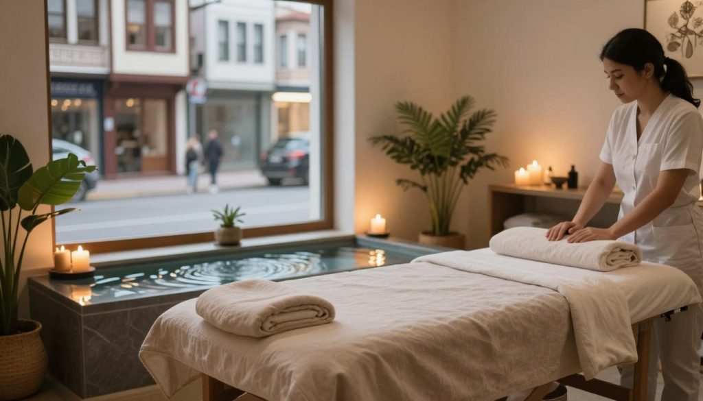 A serene urban massage therapy setting in Istanbul, showcasing an inviting massage studio. In the foreground, a beautifully arranged massage table adorned with soft, neutral-toned linens, surrounded by calming decor like scented candles and plants. The middle ground features a tranquil water feature that adds to the peaceful atmosphere, with gentle ripples reflecting warm, soft lighting that creates a cozy ambiance. In the background, a large window reveals a view of a quietly bustling street with traditional Istanbul architecture, hinting at the neighborhood vibe. The scene embodies relaxation and professionalism, emphasizing well-being in a local context, all captured with a soft focus and warm color palette to enhance a peaceful, rejuvenating mood. A serene urban massage therapy setting in Istanbul, showcasing an inviting massage studio. In the foreground, a beautifully arranged massage table adorned with soft, neutral-toned linens, surrounded by calming decor like scented candles and plants. The middle ground features a tranquil water feature that adds to the peaceful atmosphere, with gentle ripples reflecting warm, soft lighting that creates a cozy ambiance. In the background, a large window reveals a view of a quietly bustling street with traditional Istanbul architecture, hinting at the neighborhood vibe. The scene embodies relaxation and professionalism, emphasizing well-being in a local context, all captured with a soft focus and warm color palette to enhance a peaceful, rejuvenating mood.