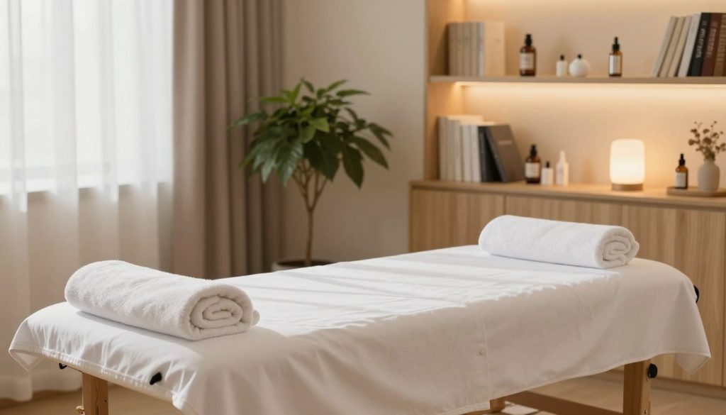 A serene wellness environment designed for pre-massage health assessments. In the foreground, a sleek, modern massage table covered with crisp white linens, surrounded by calming elements like soft, fluffy towels and essential oil bottles. The middle ground features a warm, inviting room with natural wooden accents, a potted green plant, and ambient lighting creating a soothing atmosphere. The background includes a shelf neatly organized with health and wellness books, along with a gently glowing lamp, enhancing the tranquility. Soft, diffused light filters through sheer curtains, casting gentle shadows to create a peaceful mood, ideal for relaxation and health monitoring. Focus on the textures and colors that evoke calmness, without any human figures.