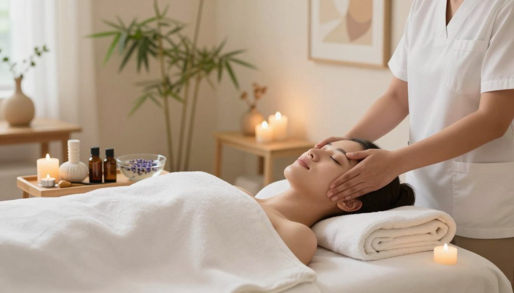 A serene wellness setting focused on ear massage hygiene. In the foreground, a professional massage table covered with a clean, soft white sheet, adorned with soothing aromatherapy candles. The middle layer features various massage tools such as essential oils, a small bowl of warm water with lavender petals, and a towel, organized neatly. The background shows a softly lit room with calming natural colors, bamboo plants, and abstract art. The lighting is warm and inviting, creating a tranquil atmosphere. Aim for a peaceful, relaxing feeling in the image, evoking a sense of care and professionalism suitable for wellness practices. A serene wellness setting focused on ear massage hygiene. In the foreground, a professional massage table covered with a clean, soft white sheet, adorned with soothing aromatherapy candles. The middle layer features various massage tools such as essential oils, a small bowl of warm water with lavender petals, and a towel, organized neatly. The background shows a softly lit room with calming natural colors, bamboo plants, and abstract art. The lighting is warm and inviting, creating a tranquil atmosphere. Aim for a peaceful, relaxing feeling in the image, evoking a sense of care and professionalism suitable for wellness practices.