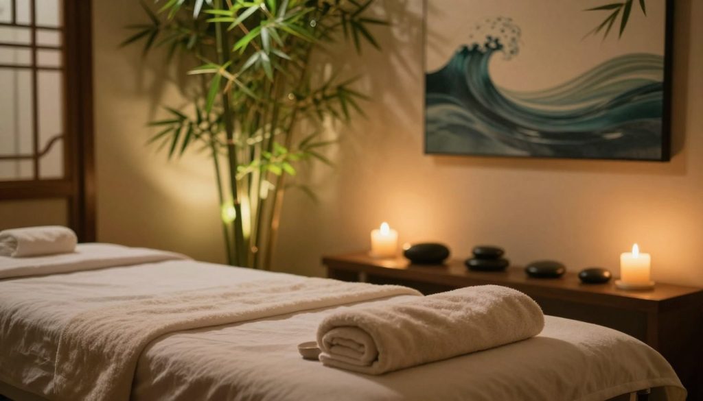 A tranquil spa setting focused on physical and mental relaxation. Foreground features a soothing massage table adorned with soft, fluffy towels and a serene candle flickering its warm light. In the middle, a softly lit massage room with bamboo plants and smooth stones arranged artfully, suggesting a peaceful atmosphere. The background includes calming artwork, such as abstract representations of waves or flowing water, creating a sense of harmony. Gentle, diffused lighting casts a warm glow, enhancing the sense of calm. The overall mood is serene and inviting, embodying the essence of relaxation that massage therapy offers, with rich greens and warm earthy tones dominating the color palette.