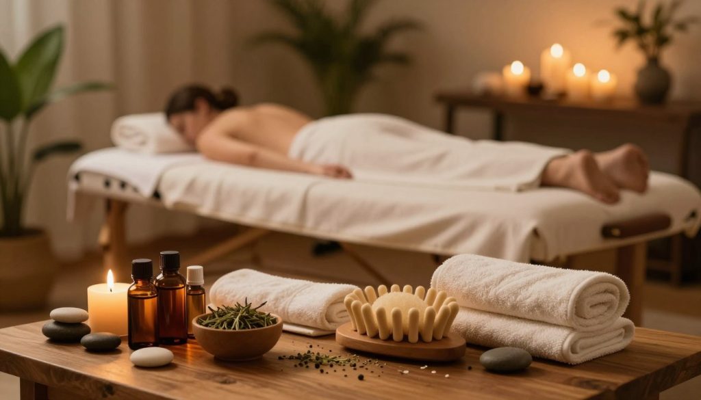 A tranquil spa setting showcasing an array of massage tools and products arranged neatly on a wooden table. In the foreground, vibrant essential oils in glass bottles, soft towels, and a small bowl of herbs are highlighted, while a soothing candle flickers gently. The middle ground features a massage table adorned with a plush, inviting cover, surrounded by calming plants and smooth stones to create an oasis of relaxation. The background reveals soft, ambient lighting that casts a warm glow across the entire space, evoking a serene and peaceful atmosphere ideal for daily massages. The scene should reflect a comforting, rejuvenating mood, emphasizing the importance of frequency and duration in relaxation and wellness. A tranquil spa setting showcasing an array of massage tools and products arranged neatly on a wooden table. In the foreground, vibrant essential oils in glass bottles, soft towels, and a small bowl of herbs are highlighted, while a soothing candle flickers gently. The middle ground features a massage table adorned with a plush, inviting cover, surrounded by calming plants and smooth stones to create an oasis of relaxation. The background reveals soft, ambient lighting that casts a warm glow across the entire space, evoking a serene and peaceful atmosphere ideal for daily massages. The scene should reflect a comforting, rejuvenating mood, emphasizing the importance of frequency and duration in relaxation and wellness.