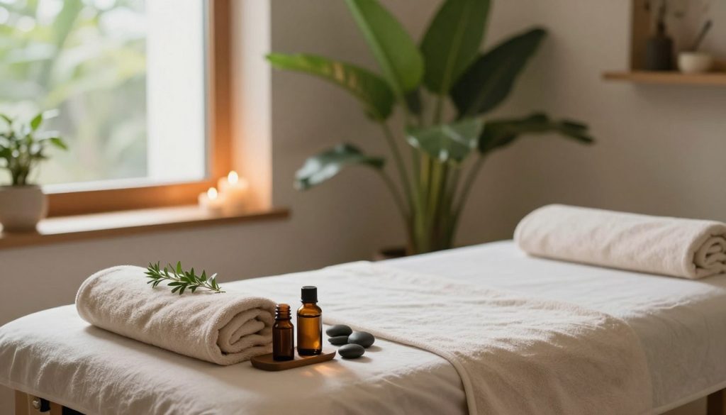 An inviting spa environment showcasing the benefits of "Hürrem Massage." In the foreground, a peaceful treatment room featuring a massage table adorned with soft towels and aromatic essential oils. Delicate herbs and natural stones are placed artistically around the room. The middle ground captures soft lighting emanating from candles and a window allowing gentle sunlight to filter in, enhancing the serene atmosphere. In the background, lush green plants thrive, symbolizing natural healing and relaxation. A subtle color palette of earth tones—greens, browns, and soft creams exudes tranquility. The overall mood is calming and rejuvenating, perfect for illustrating the soothing and therapeutic effects of Hürrem massage. The image maintains a professional, aesthetically pleasing look with no human subjects, ensuring a focused depiction of wellness.