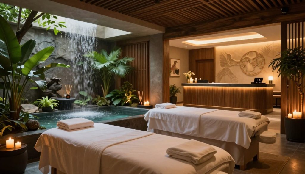 Lush, tranquil spa center interior, showcasing a harmonious blend of natural elements and modern design. In the foreground, a serene treatment room features a plush massage table surrounded by soft, ambient lighting and candles. Rich wooden accents and potted plants create an inviting atmosphere. In the middle, a calming water feature gently cascades, enhancing the peaceful soundscape, with essential oils diffusing in the air. The background reveals a warm, welcoming reception area adorned with elegant decor, hinting at relaxation services. Capture this scene with a soft-focus, slightly warm lighting effect to evoke a sense of comfort and luxury, utilizing a wide-angle lens to showcase the spaciousness and tranquility of the space. Lush, tranquil spa center interior, showcasing a harmonious blend of natural elements and modern design. In the foreground, a serene treatment room features a plush massage table surrounded by soft, ambient lighting and candles. Rich wooden accents and potted plants create an inviting atmosphere. In the middle, a calming water feature gently cascades, enhancing the peaceful soundscape, with essential oils diffusing in the air. The background reveals a warm, welcoming reception area adorned with elegant decor, hinting at relaxation services. Capture this scene with a soft-focus, slightly warm lighting effect to evoke a sense of comfort and luxury, utilizing a wide-angle lens to showcase the spaciousness and tranquility of the space.