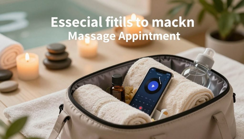 a serene and inviting graphic showcasing essential items to pack for a massage appointment, generated without human figures. In the foreground, a neatly organized bag is open, revealing calming items: a soft towel, aromatherapy oils, a relaxation playlist on a smart device, and a water bottle. The middle layer shows a cozy spa setting with soft lighting, smooth stones, and candles flickering gently. In the background, hints of lush greenery and serene water elements evoke tranquility. The atmosphere is peaceful and soothing, emphasizing a sense of relaxation and preparation for the massage experience. The lighting is warm, creating a welcoming and calming vibe, shot from a slightly elevated angle to capture all details clearly.