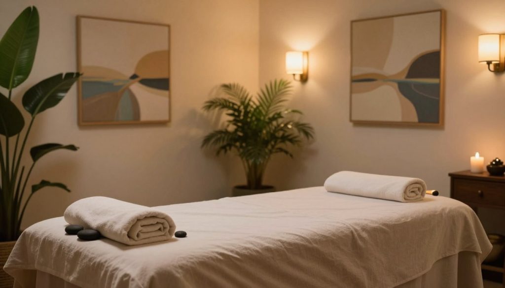 A serene and calming spa environment, emphasizing a tranquil massage room, devoid of any human presence. The foreground features a beautifully arranged massage table with soft, neutral-colored linens, surrounded by delicate stones and aromatic candles. In the middle, an inviting atmosphere is created with soft, warm lighting, emanating from stylish sconces on the walls, casting gentle shadows that enhance the relaxing vibe. The background showcases lush indoor plants and calming art, such as abstract paintings in soothing colors, evoking peace and wellness. The overall mood is one of serenity and tranquility, reflecting a professional environment where massage therapy is not suitable due to health conditions, illustrated through the empty, peaceful space. A serene and calming spa environment, emphasizing a tranquil massage room, devoid of any human presence. The foreground features a beautifully arranged massage table with soft, neutral-colored linens, surrounded by delicate stones and aromatic candles. In the middle, an inviting atmosphere is created with soft, warm lighting, emanating from stylish sconces on the walls, casting gentle shadows that enhance the relaxing vibe. The background showcases lush indoor plants and calming art, such as abstract paintings in soothing colors, evoking peace and wellness. The overall mood is one of serenity and tranquility, reflecting a professional environment where massage therapy is not suitable due to health conditions, illustrated through the empty, peaceful space.